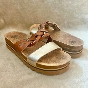 Reef Womens 9 Cushion Vista Hi Twist Slide Sandal Brown Gold 1.75" Platform Cork